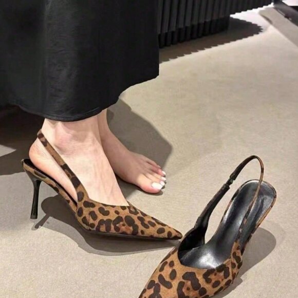 Brown Preppy Women's Pointed Toe Slingback High Heel Sandals - Picture 3 of 5